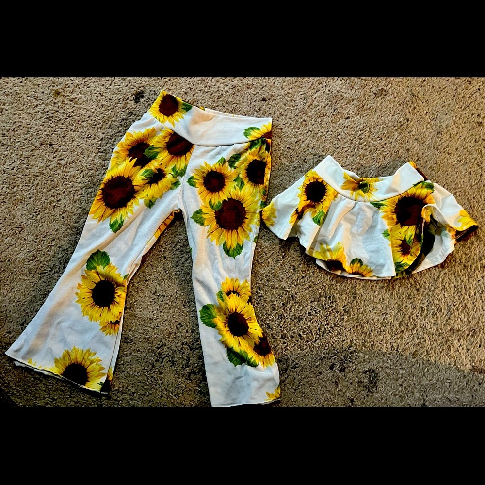 Sunflower Bellbottom pants and skirted bummies costum made
